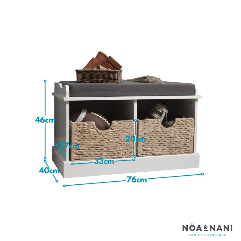 Stockholm Storage Bench with 2 Brown Baskets in Classic White