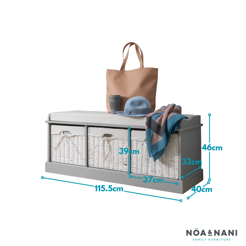 Stockholm Storage Bench with 3 Baskets in Silk Grey