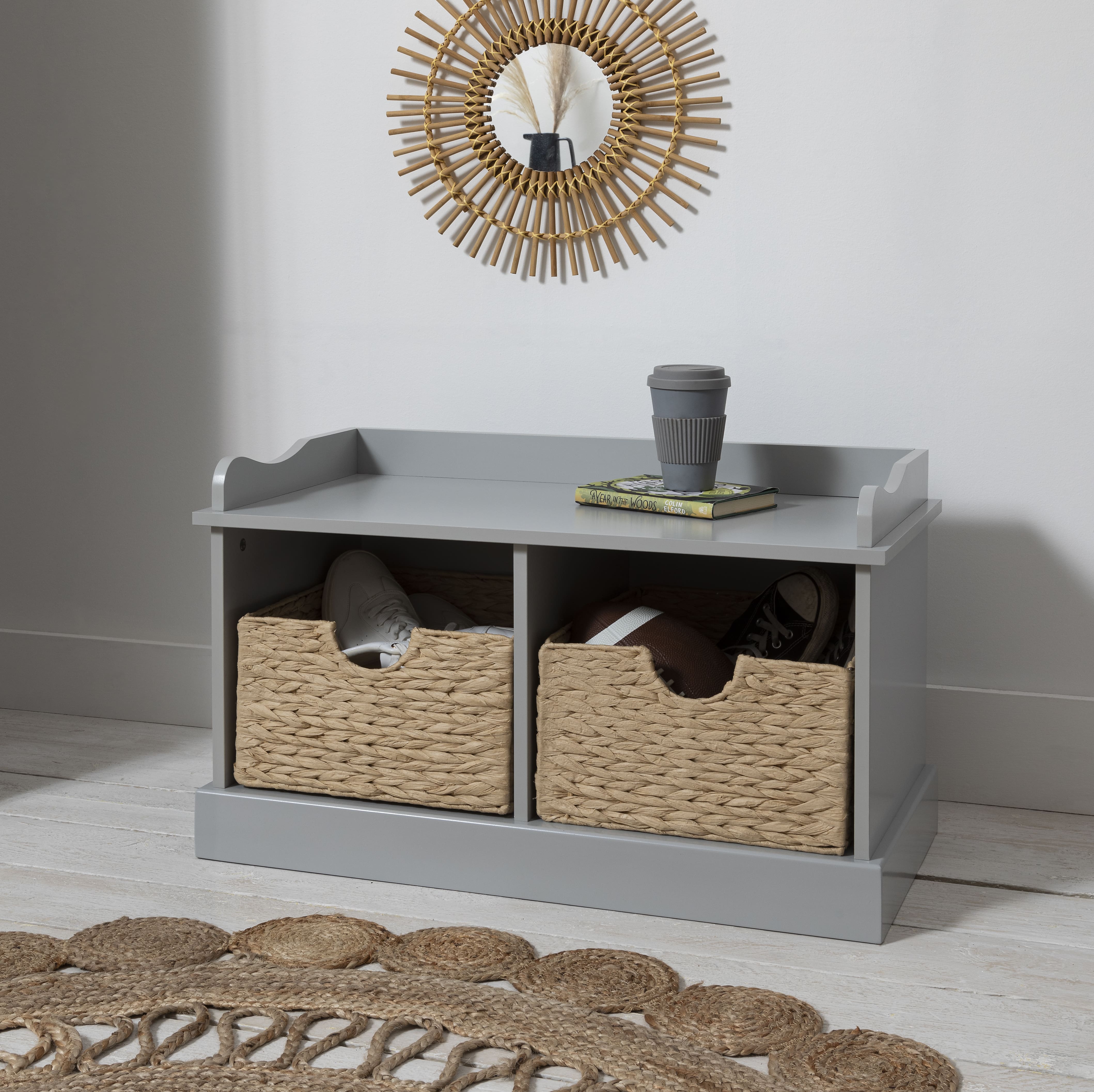 Stockholm Storage Bench with 2 Brown Baskets in Silk Grey