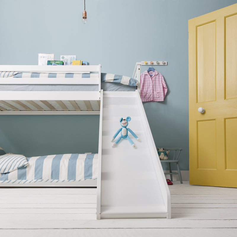 Tuva Low Cabin Bed with Bunk Underbed, Play Area & Slide in Classic White