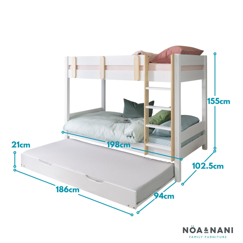 Una Bunk Bed with Spacesaver Pull Out Trundle in Classic White & Natural Pine