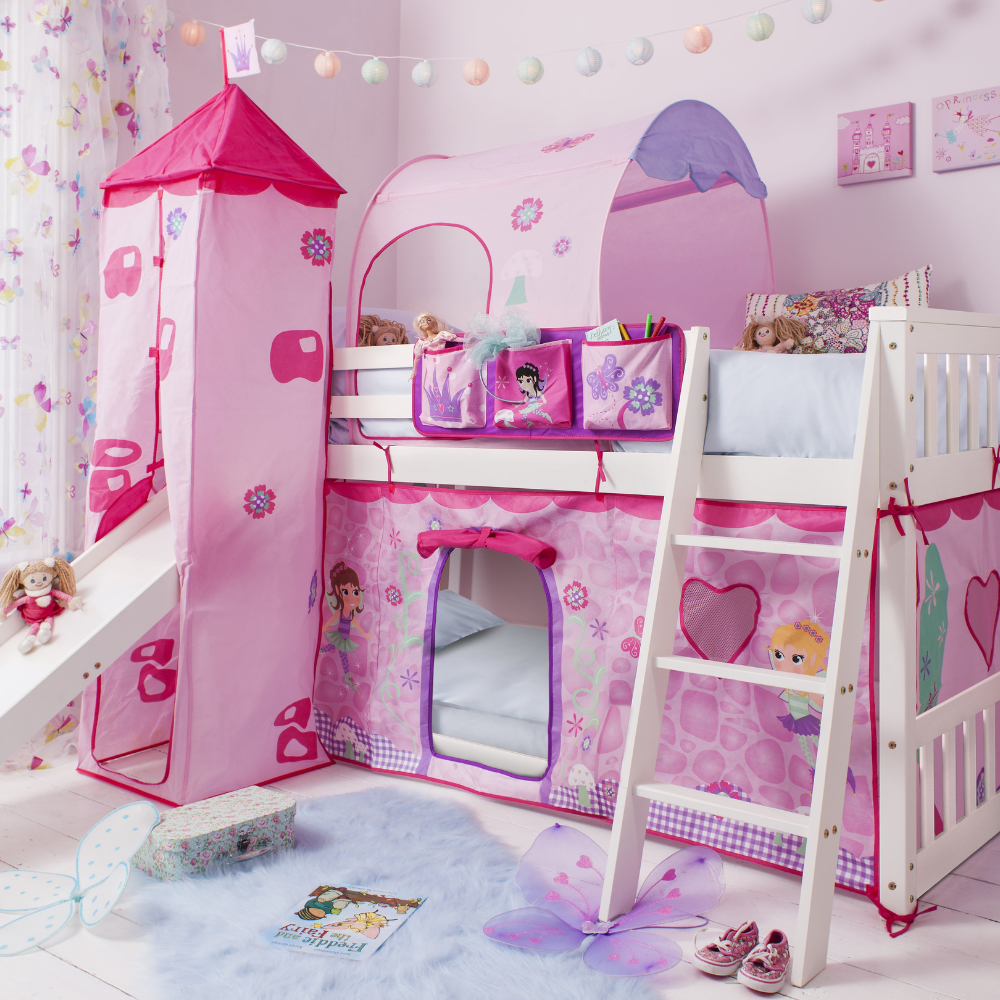 Tuva Cabin Bed with Bunk Underbed, Play Area, Slide & Fairies Package