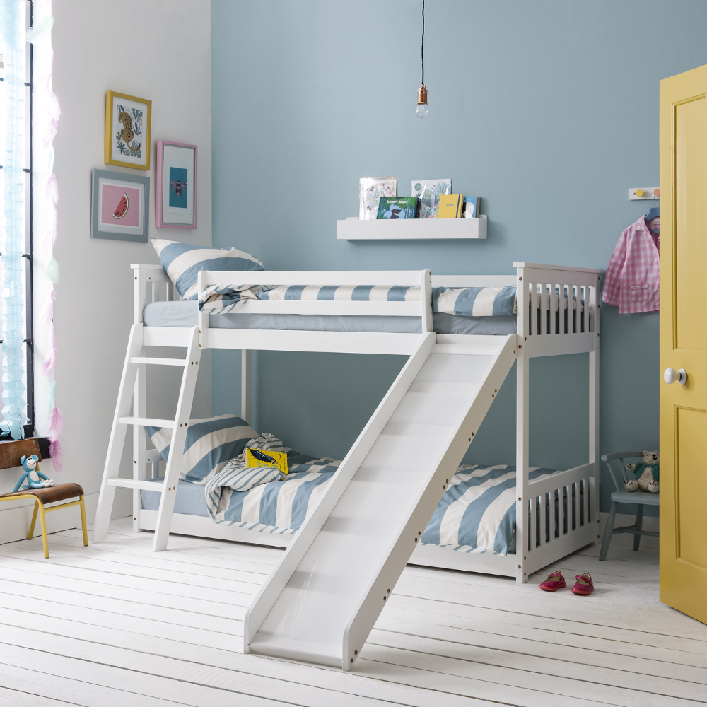 Tuva Low Cabin Bed with Bunk Underbed, Play Area & Slide in Classic White