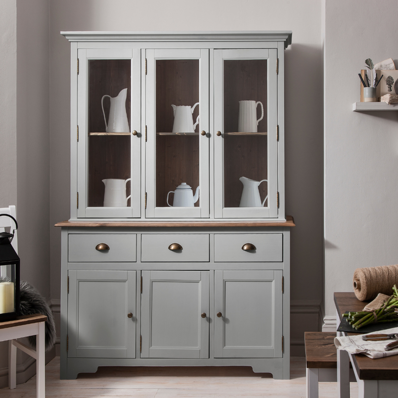 Canterbury Dresser and Sideboard with Solid Doors in Grey and Dark Pine