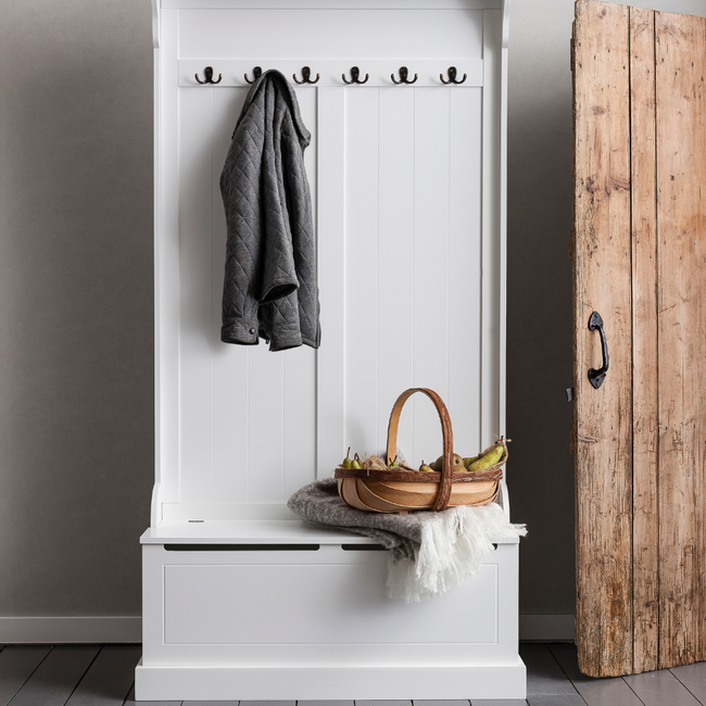 Brittany Hallway Bench and Coat Hook Shoe Storage Unit in White Noa