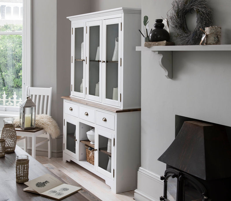 Canterbury Dresser and Sideboard with Glass Doors in White and Dark Pine