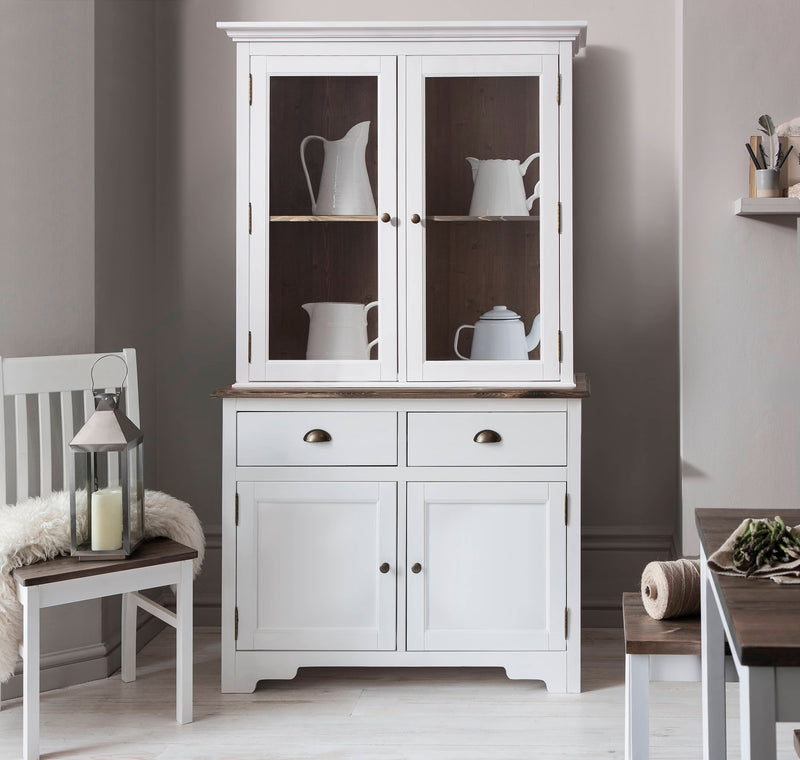 Canterbury Dresser Cabinet with 2 Drawer Glass Doors in White and Dark Pine