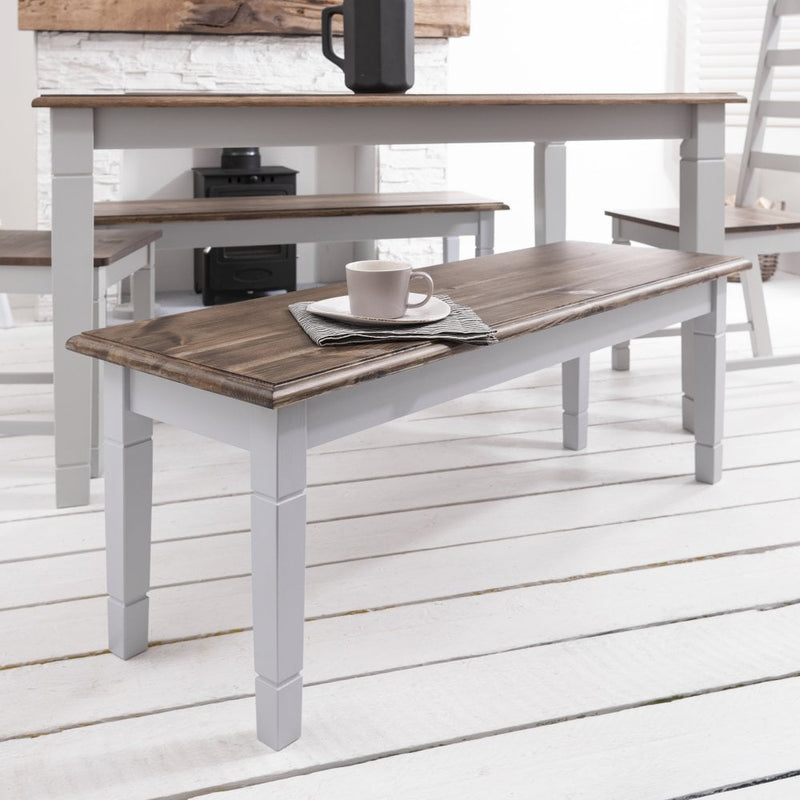 Canterbury 180cm Dining Table with 2 Benches & 2 Extensions in Silk Grey and Dark Pine