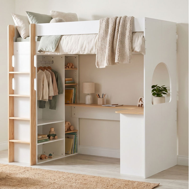 Norah High Sleeper Cabin Bed with Built in Desk & Storage in Classic White