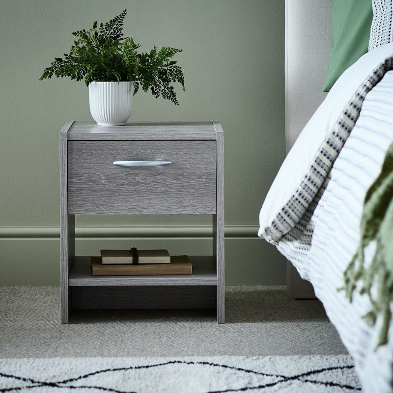 Seville 1 Drawer Bedside Table - Grey Oak Effect 18092663 (Open Box- See T's & C's for details)