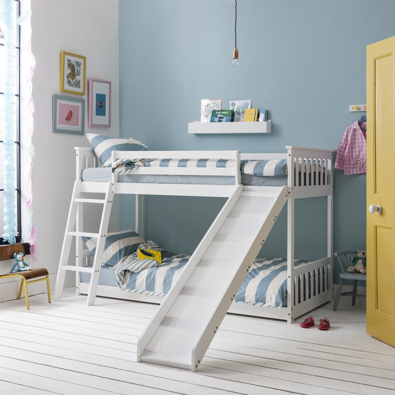 Tuva Cabin Bed Low with Bunk Underbed Slide & Pirate Hideaway Package in Classic White