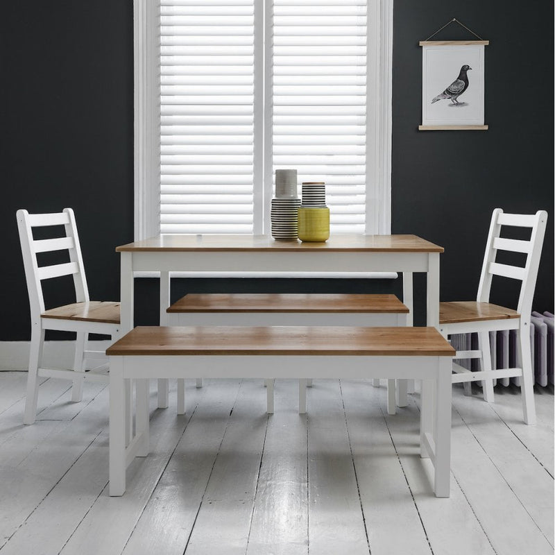 Annika Dining Table with 2 Chairs & 2 Benches in White & Natural Pine