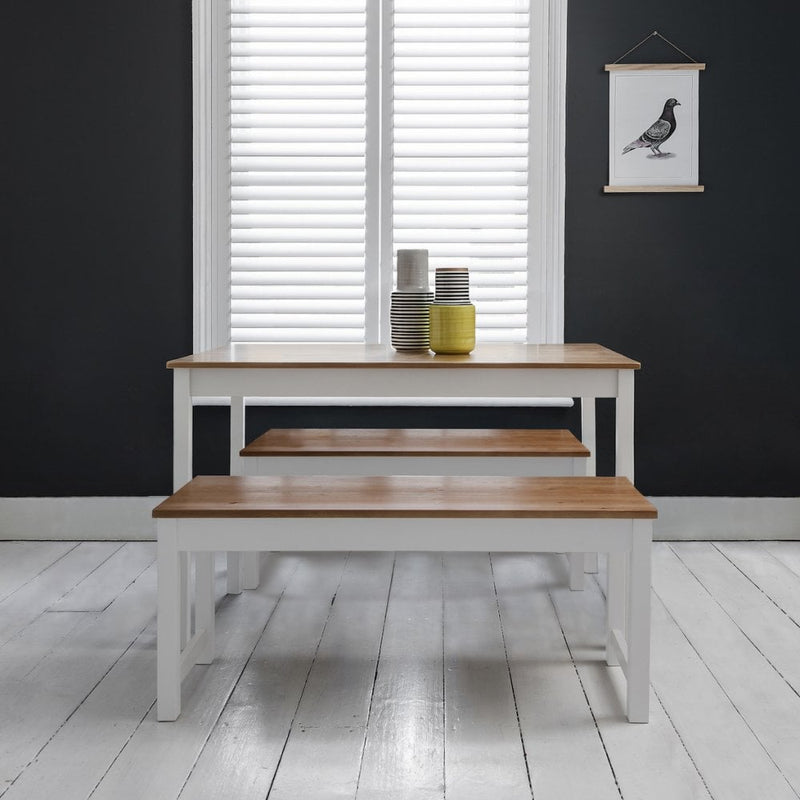 Annika Dining Table with 2 Chairs & 2 Benches in White & Natural Pine