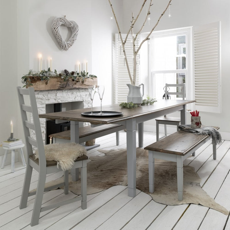Canterbury Dining Table with 2 Chairs, 2 Benches & 2 Extensions in Silk Grey and Dark Pine