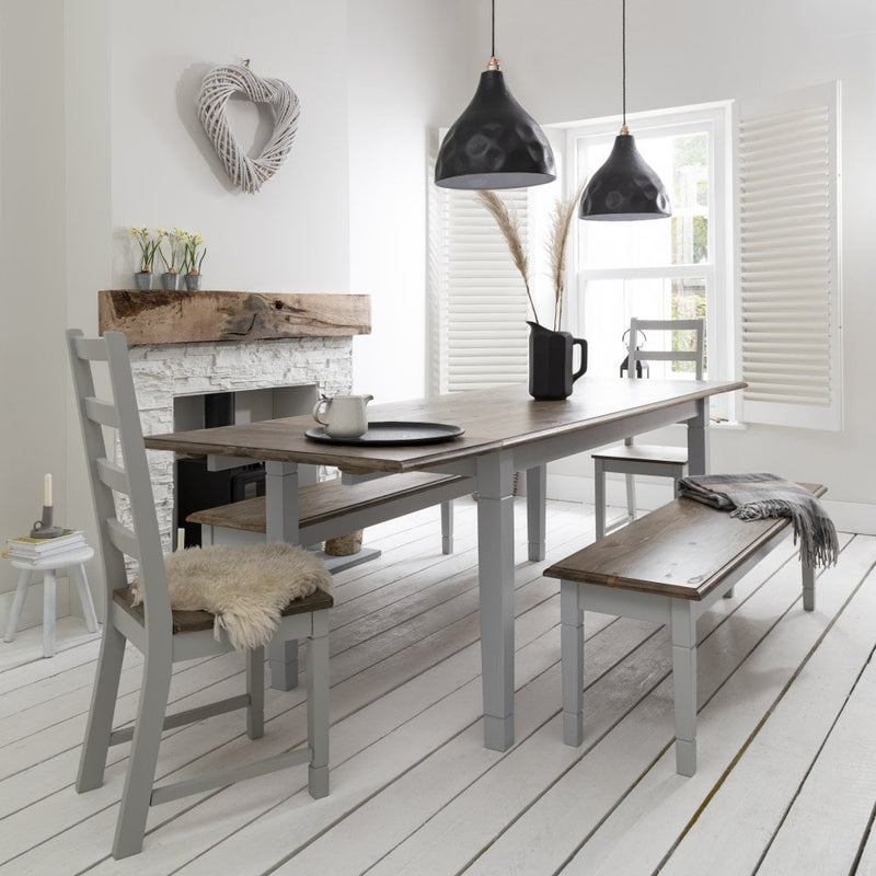 Canterbury Dining Table with 2 Chairs, 2 Benches & 2 Extensions in Silk Grey and Dark Pine