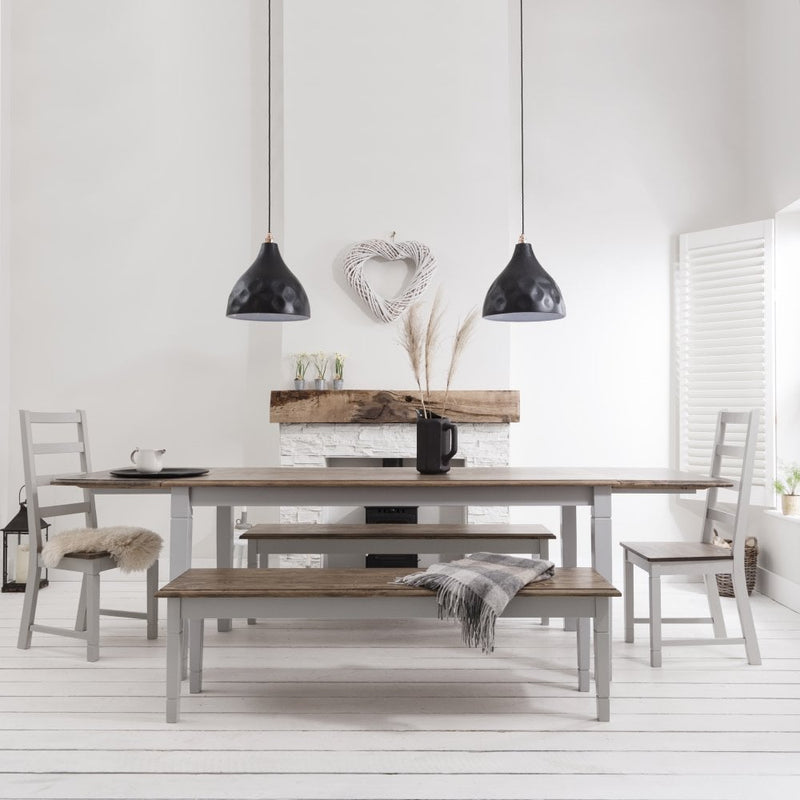 Canterbury Dining Table with 2 Chairs, 2 Benches & 2 Extensions in Silk Grey and Dark Pine