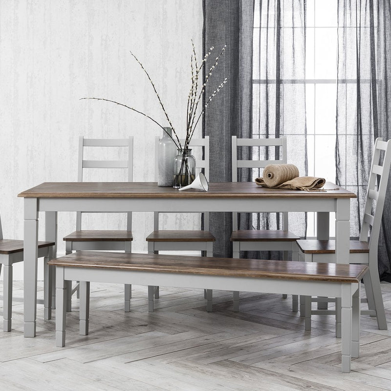 Canterbury Dining Table 180cm with 5 Chairs & Bench with 2 Extension in Grey and Dark Pine