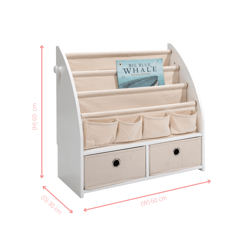 Eldrid Book Storage Organiser with Pull out Cloth Drawers in White