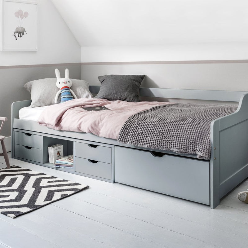 Eva Day Bed with Pull out Drawers and Shelves in Silk Grey