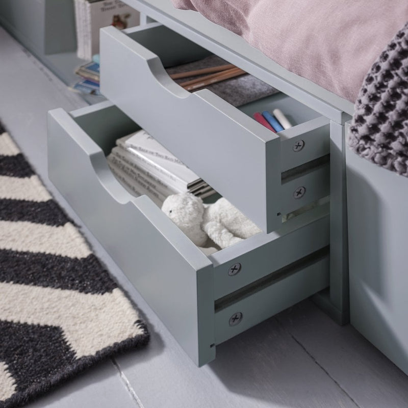 Eva Day Bed with Pull out Drawers and Shelves in Silk Grey