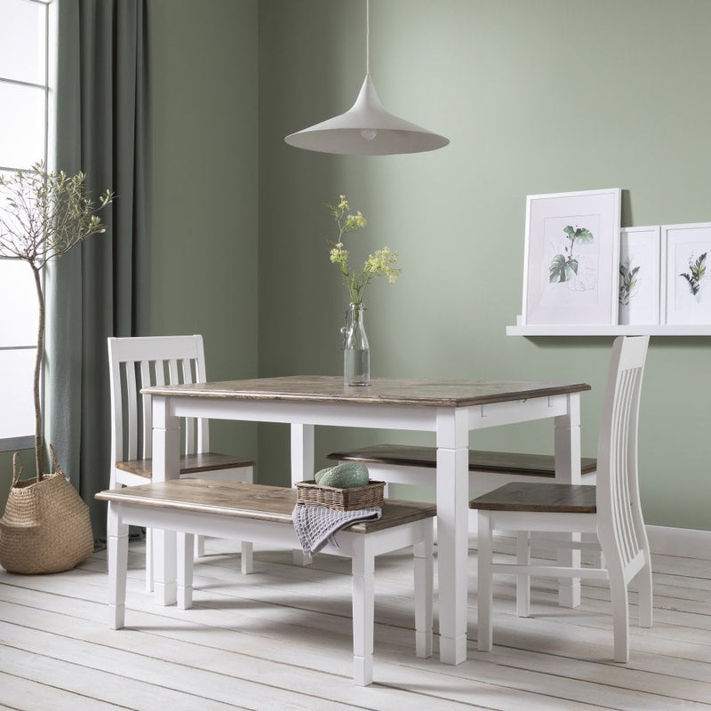 Haugesund Dining Set 140cm Table with 2 Chairs & 2 benches in White and Dark Pine