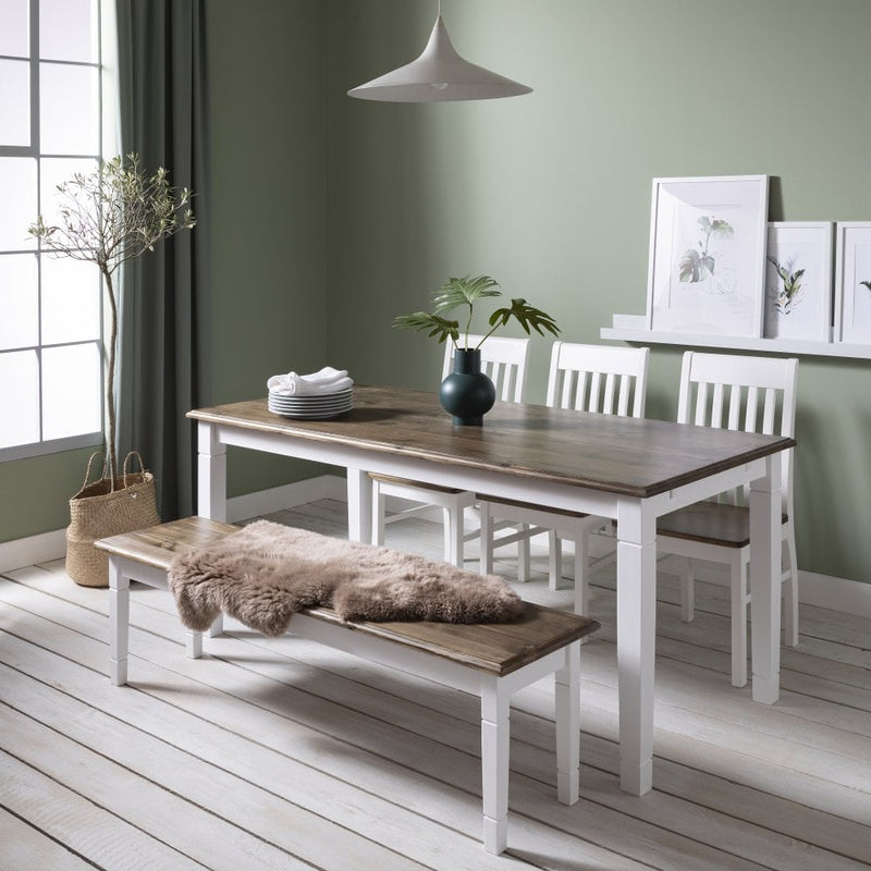 Haugesund Dining Set 180cm Table with 3 Chairs & Bench in White and Dark Pine