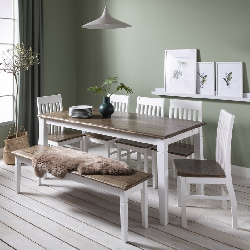 Haugesund Dining Set 180cm Table with 5 Chairs, Bench & in White and Dark Pine