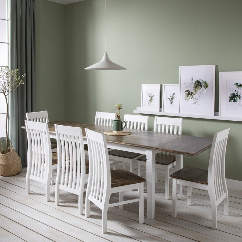 Haugesund Dining Table 180cm with 8 Chairs & 2x Extensions in White and Dark Pine
