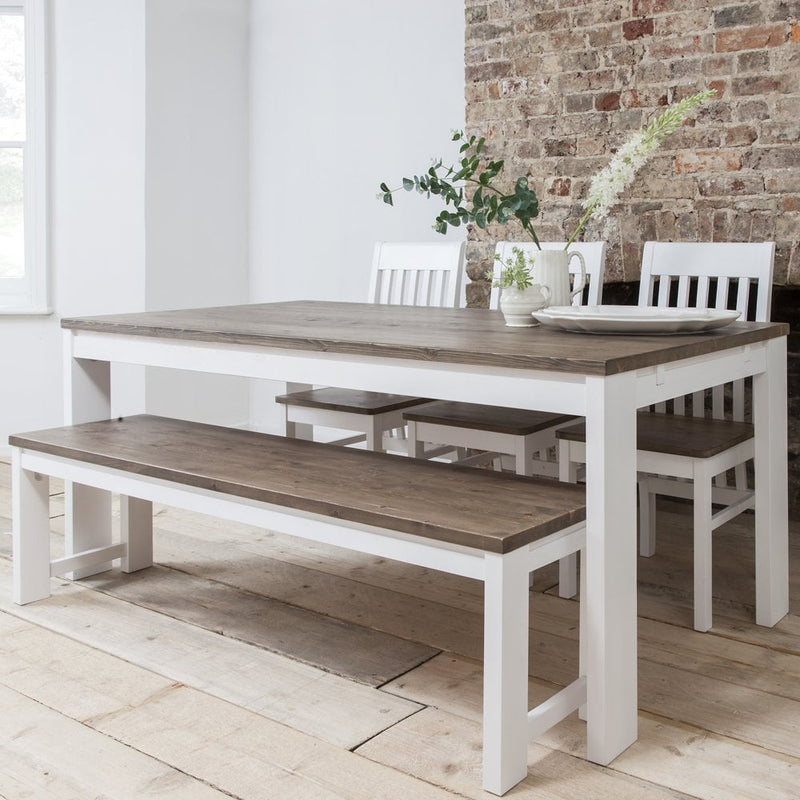 Hever Dining Table with 3 Chairs & Bench in White & Dark Pine