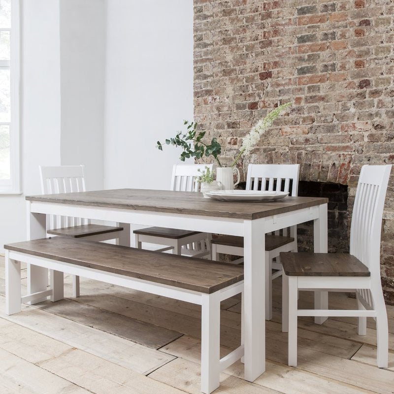 Hever Dining Table with 5 Chairs & Bench & 2 Extensions in White & Dark Pine