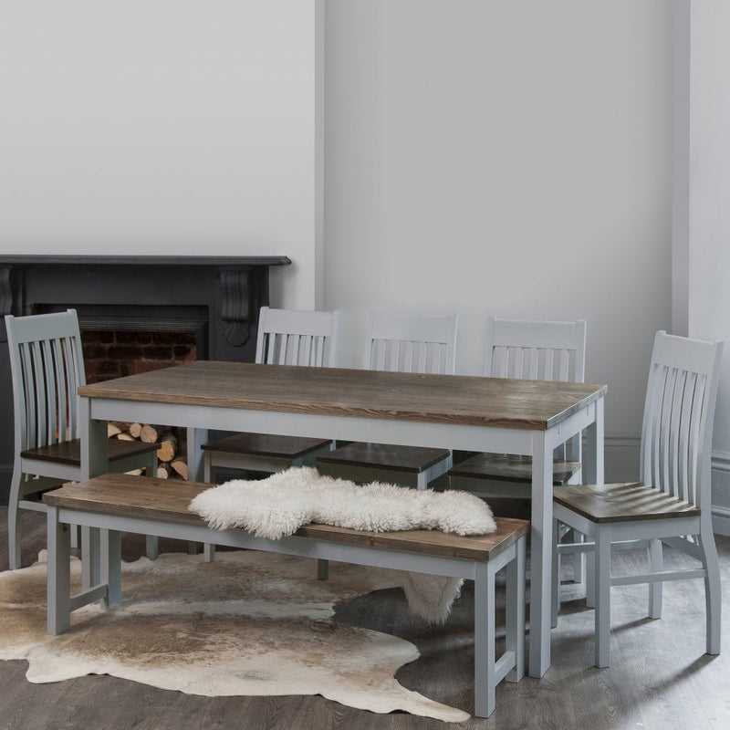 Hever Table and 5 Chairs & Bench in Grey & Dark Pine