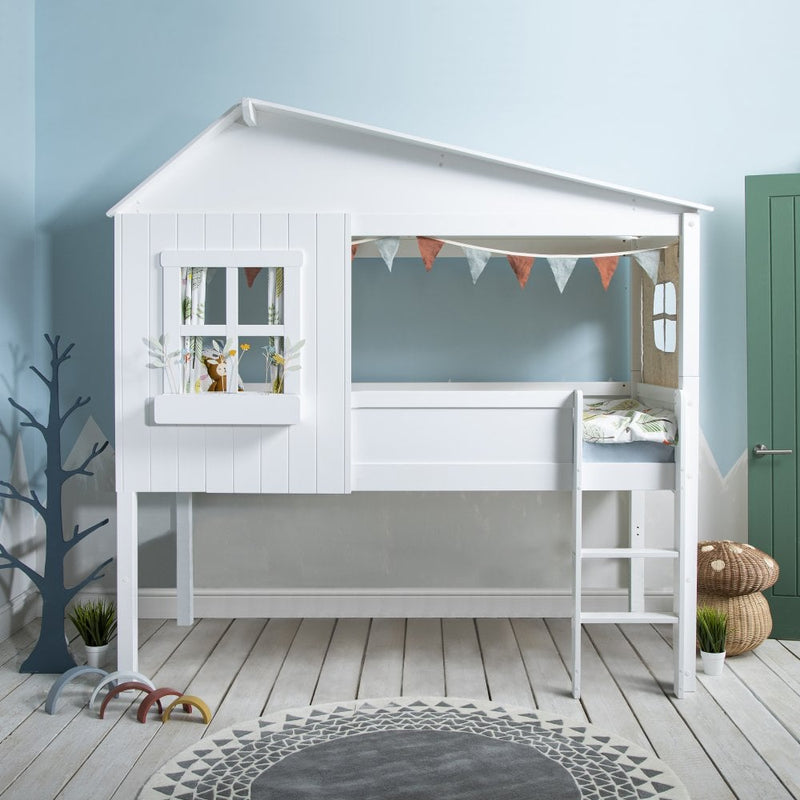 Inka Treehouse Cabin Bed with Window & Flower Trough Accessory in Classic White
