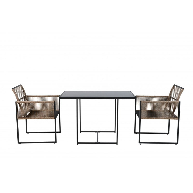 Jari Garden Table with 2 Armchairs in Black & Rattan