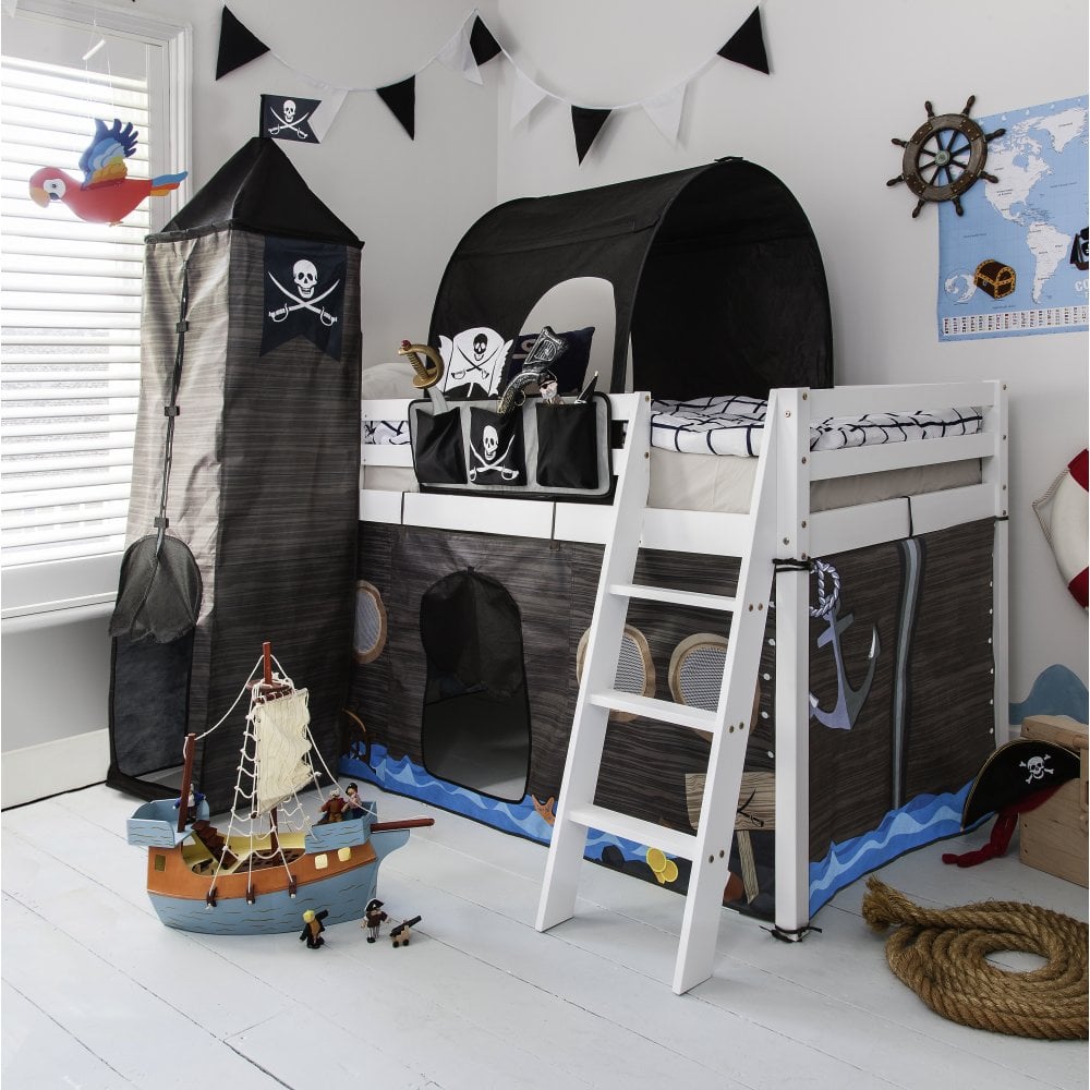 Cabin Bed Midsleeper Kids Pirate Hideaway with Tent, Tunnel
