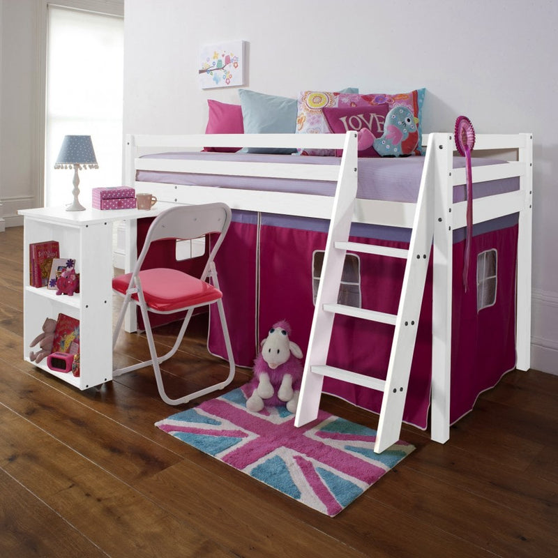 Moro Cabin Bed Midsleeper with Pullout Desk & Pretty Pink Tent in Classic White