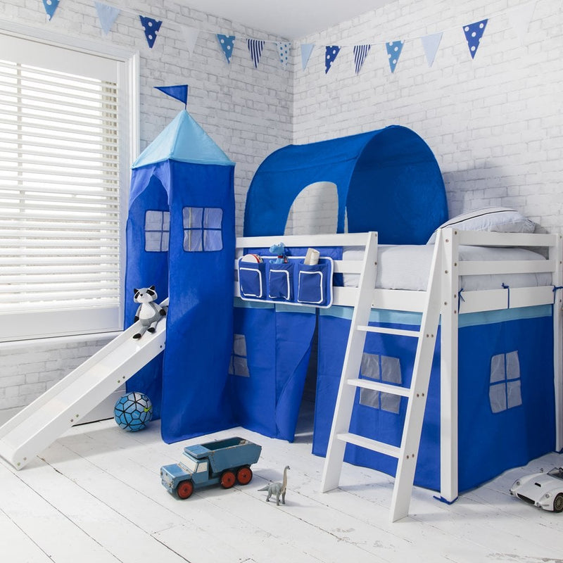 Moro Cabin Bed Midsleeper with Slide & Brilliant Blue Package in Classic White