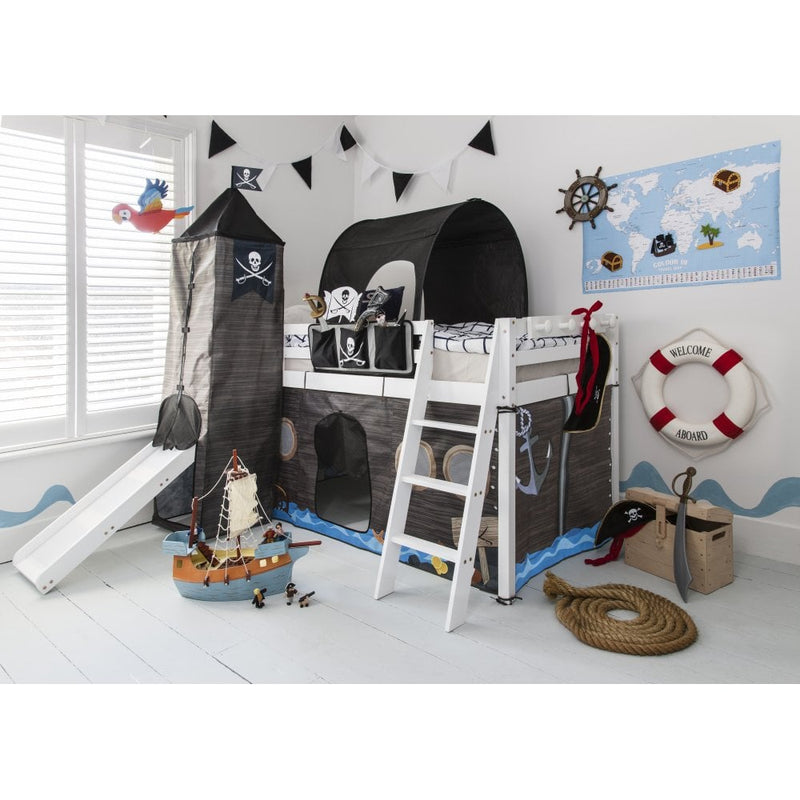 Moro Cabin Bed Midsleeper with Slide & Pirate Hideaway Package in Classic White