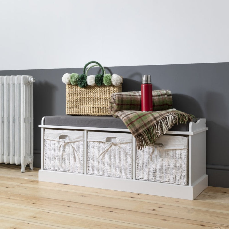 Stockholm Storage Bench with 3 Baskets in Classic White