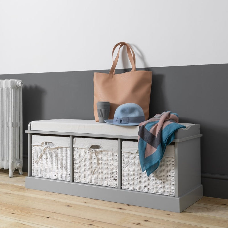 Stockholm Storage Bench with 3 Baskets in Silk Grey