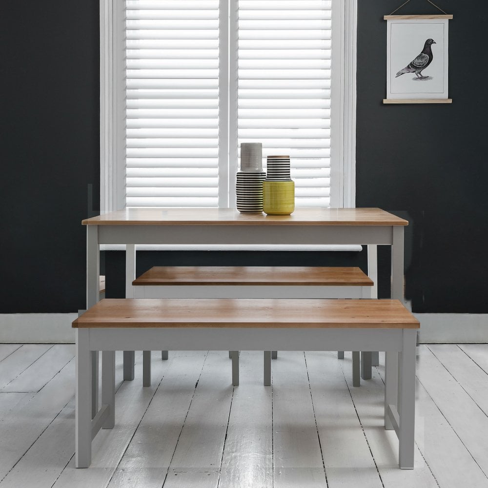 Home Annika Dining Table and Benches in Silk Grey and Natural Pine Noa