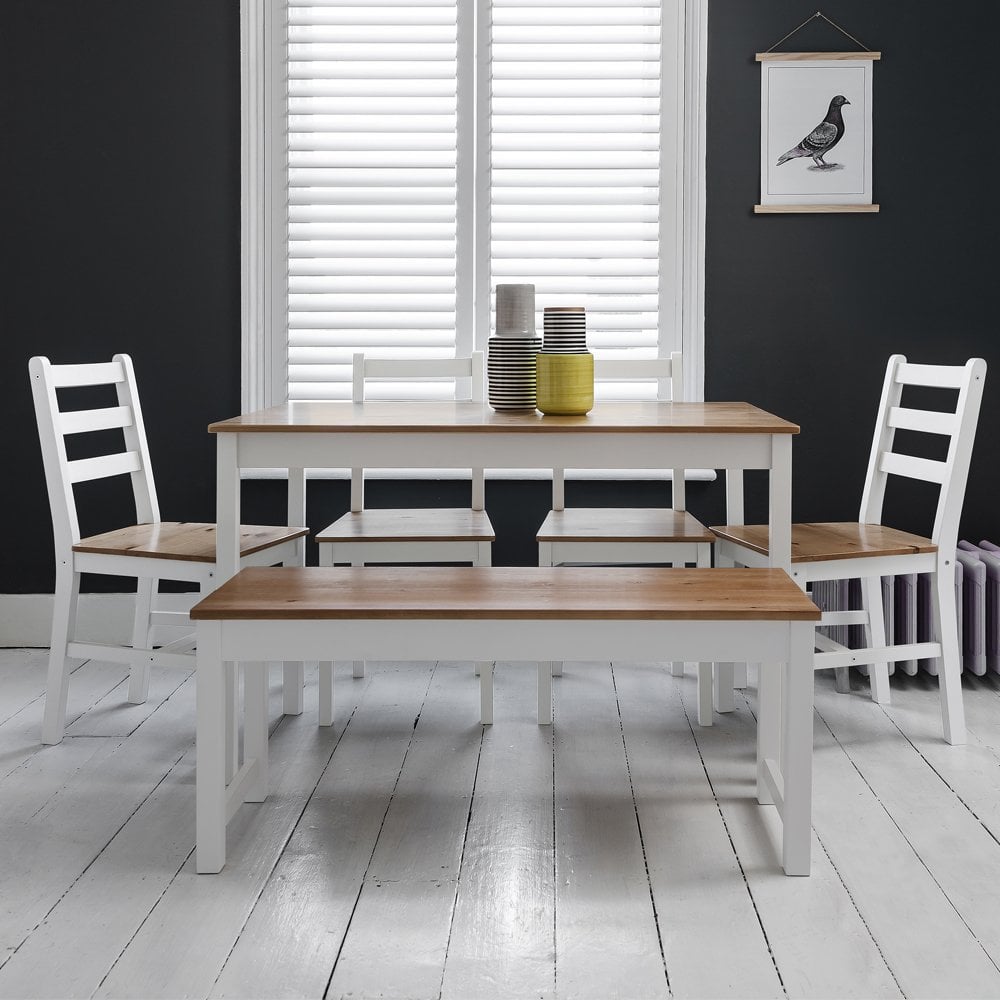 Annika Dining Table w 4 Chairs & Bench in White & Natural Pine | Noa & Nani