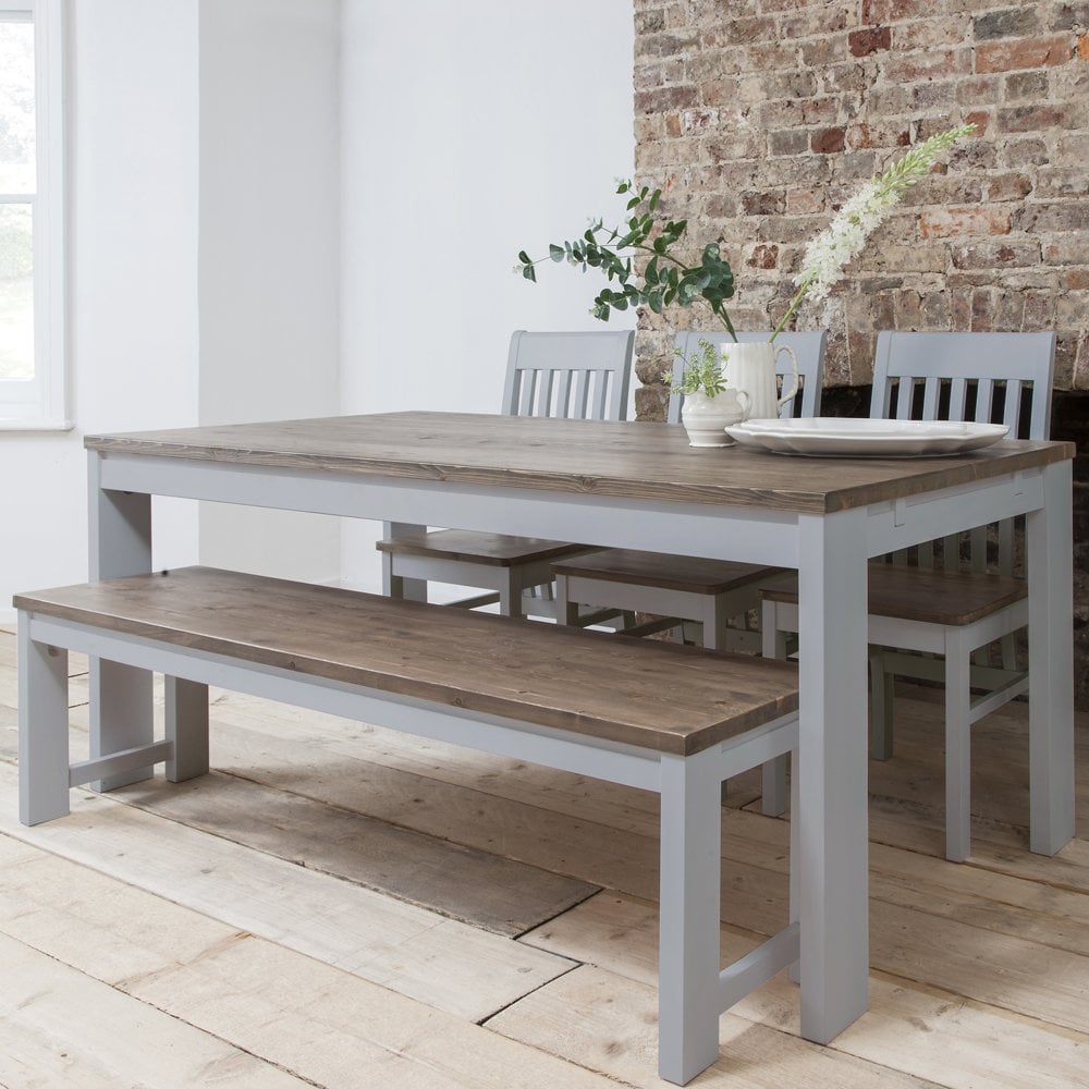 Hever Dining Table With 3 Chairs And Bench In Grey And Dark Pine