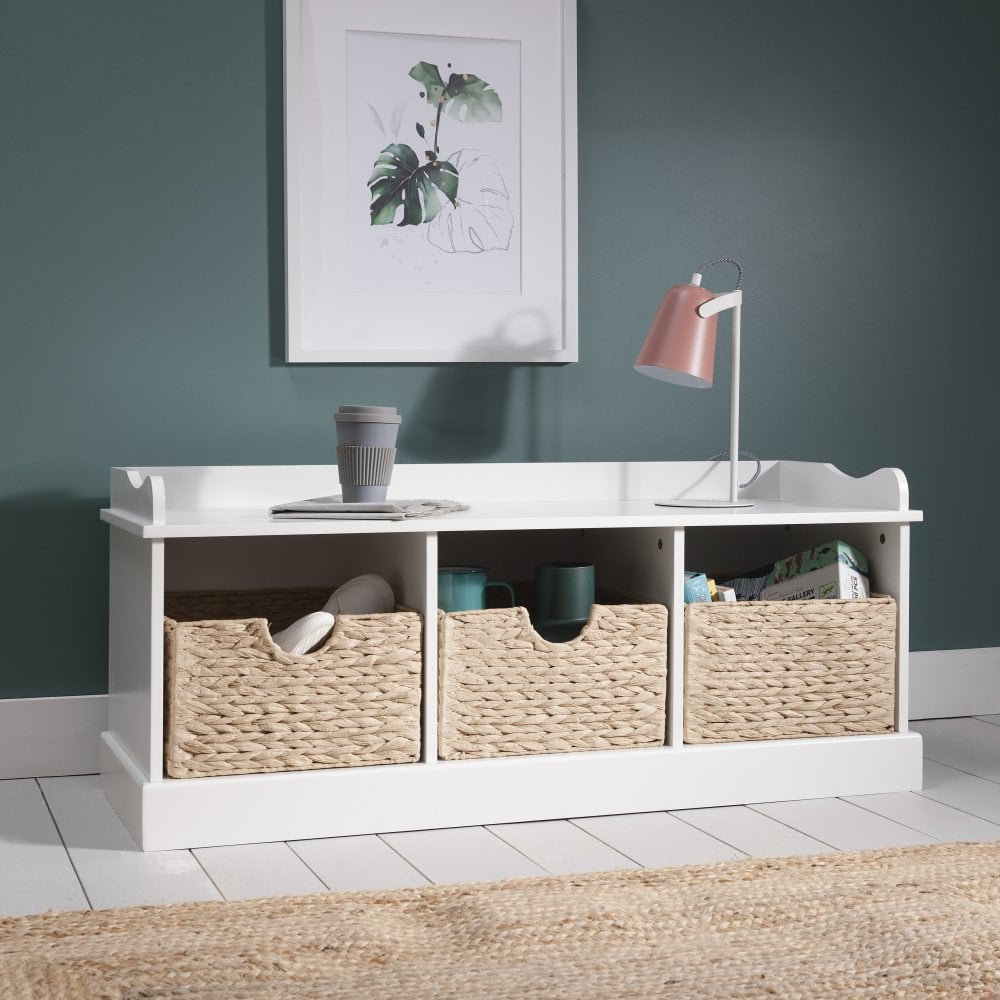 Stockholm Storage Bench with 3 Brown Baskets in White Nöa and Nani